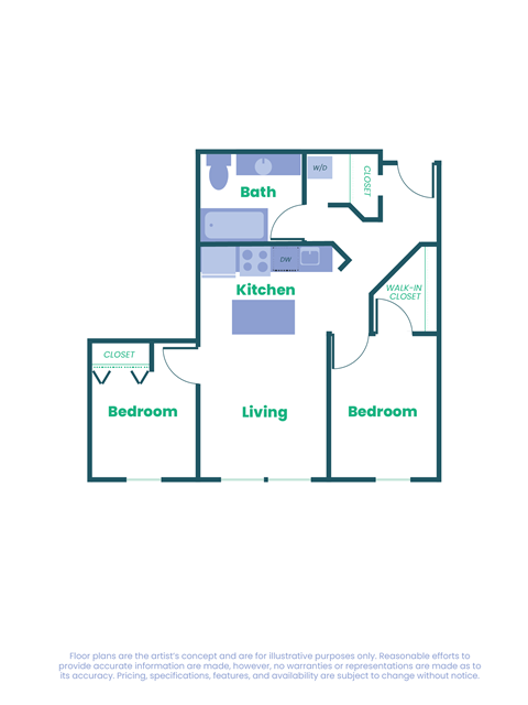 Floor plan for 2 beds, 1 bath, 850 sqft